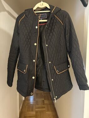 Tommy Hilfiger Black Quilted Coat with Tan Trim and Red Piping